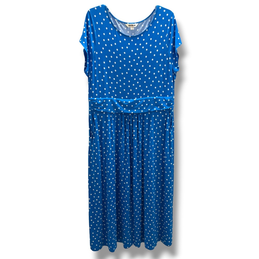 Boden Amelie Jersey Midi Dress Blue White Polka Dot Pockets US 16-18R D0982 - Picture 5 of 10